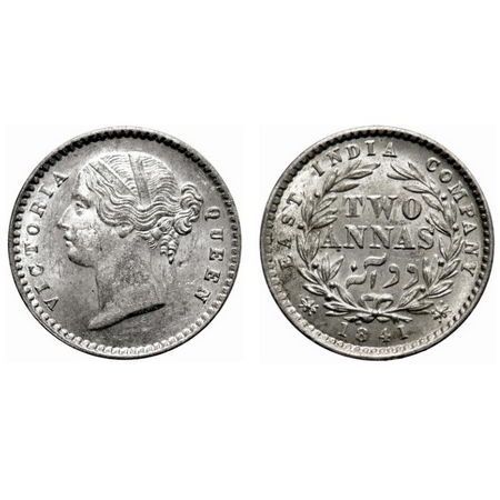 Victoria Queen, Silver, 2 Annas, 1841, DL, Calcutta Mint, W.W. raised, 9 Berries (5L + 4R)
