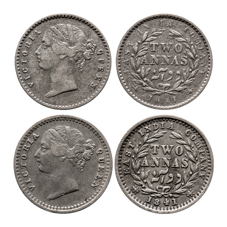 Victoria Queen, Silver, 2 Annas (2 Coins), 1841, DL, 1) Calcutta Mint, W.W. raised, 9 Berr
