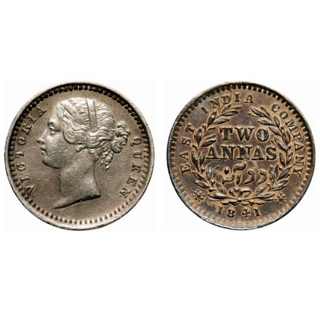 Victoria Queen, Silver, 2 Annas, 1841, DL, Madras Mint, 'S' incused, W.W. raised, 8 Berrie