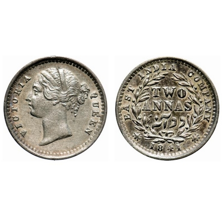 Victoria Queen, Silver, 2 Anas, 1841, DL, Bombay Mint, .W.W raised, 9 Berries (5L + 4R). F