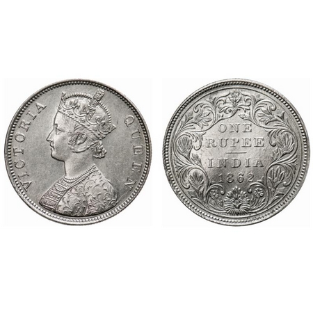 Victoria Queen, Silver, Rupee, 1862, Bombay Mint, B/II/0/0, Elongated pearls on both the a