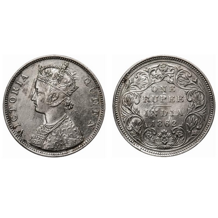 Victoria Queen, Silver, Rupee, 1862, Bombay Mint, B/II/1/0, Ghost on Obv and Rev, Die crac