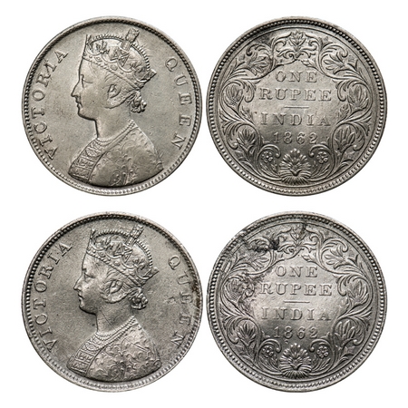 Victoria Queen, Silver, Rupee (2 coins), 1862, Bombay Mint, 1) B/II/1/0, 2) B/II/2/0. F. P