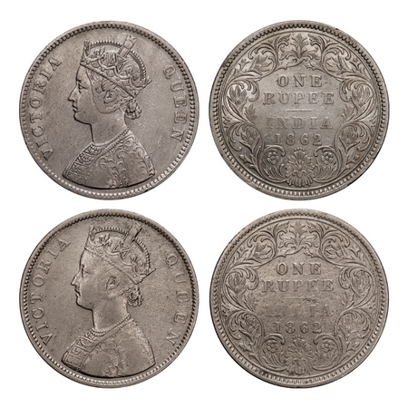 Victoria Queen, Silver, Rupee (2 coins), 1862, Bombay Mint, 1) A/I/0/4 w/o initial 'J', 2)