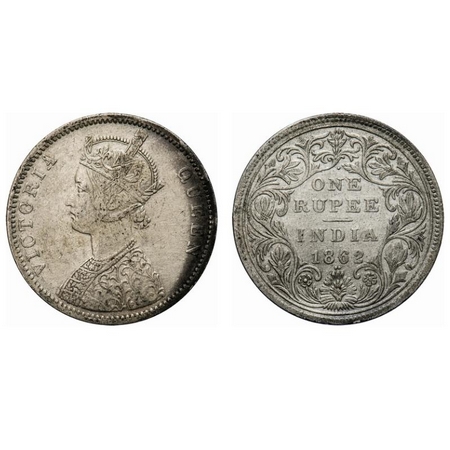 Victoria Queen, Silver, Rupee, 1862, Bombay Mint, A/II/1/2, with initial 'J', The teeth de