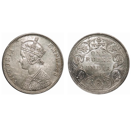 Victoria Empress, Silver, Rupee, 1880, Bombay Mint, A3/II(i), Dot, The Queens jabot has 3 