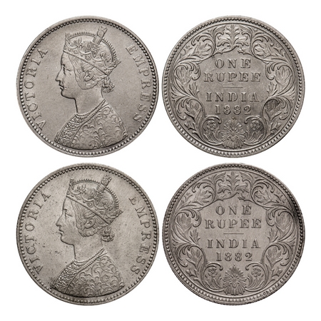 Victoria Empress, Silver, Rupee (2 coins), 1882, Bombay Mint, 1) A3/I, Dot, 2) A3/I, Dot, 