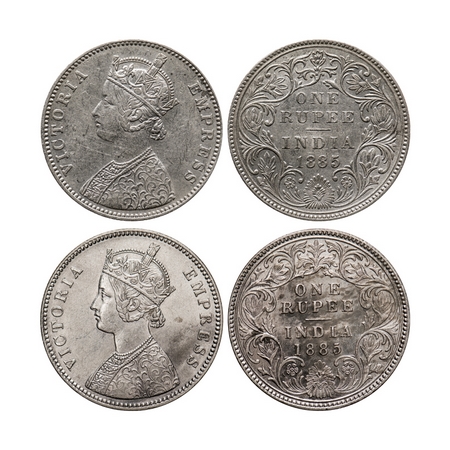 Victoria Empress, Silver, Rupee (2 coins), 1885, 1) Bombay Mint, A3/II(i), 'B' raised, Top