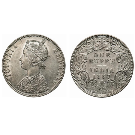 Victoria Empress, Silver, Rupee, 1887, Bombay Mint, C2/I(ii), 'B' raised. F. Prid # 172. G