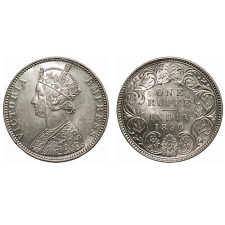 Victoria Empress, Silver, Rupee, 1890, Bombay Mint, C2/I, 'B' incused. F. Prid # 178. GK 5