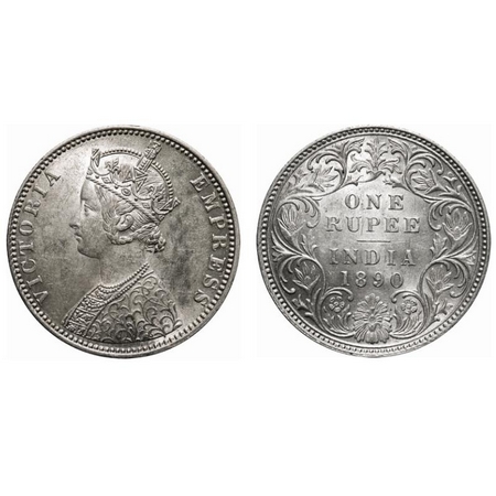 Victoria Empress, Silver, Rupee, 1890, C2/I, 'B' incused. F. Prid # 178. GK 566. Uncircula