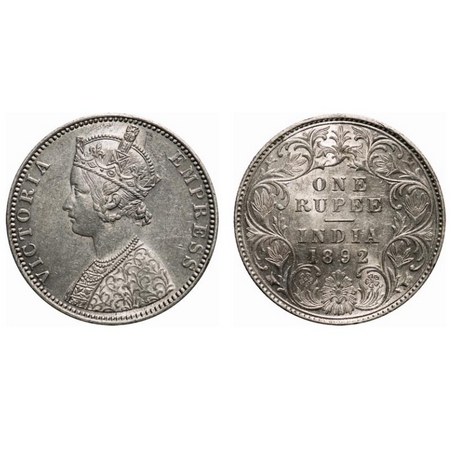 Victoria Empress, Silver, Rupee, 1892, Bombay Mint, C2/I, 'B' incused. F. Prid # 181. GK 5