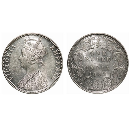 Victoria Empress, Silver, Rupee, 1892, Bombay Mint, C2/I, 'B' incused. F. Prid # 181. GK 5