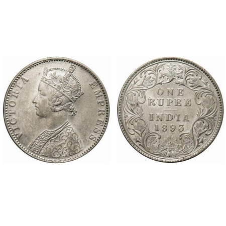 Victoria Empress, Silver, Rupee, 1893, Bombay Mint, C2/I(ii), 'B' incused. F.Prid # 182. G