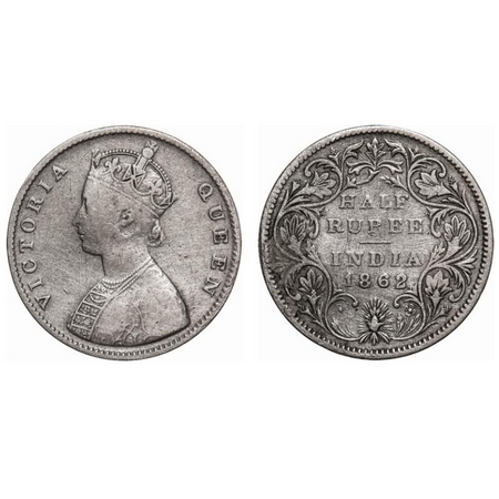 Victoria Queen, Silver, Half Rupee, 1862, Calcutta Mint, C/II, Round pearls,5 petals flowe