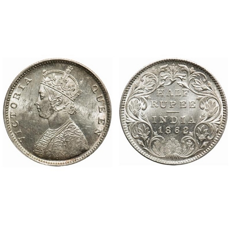 Victoria Queen, Silver, Half Rupee, 1862, Calcutta Mint, C/II, Round pearls, 5 petal flowe