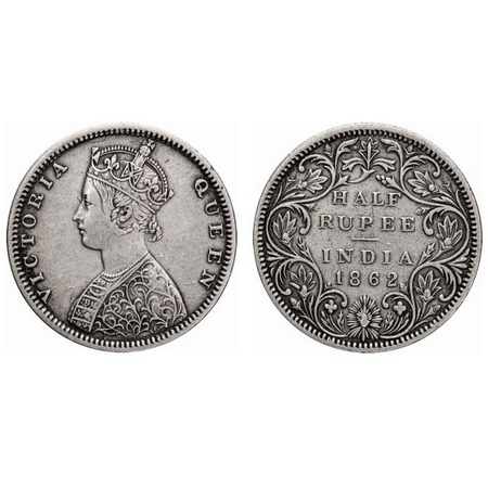 Victoria Queen, Silver, Half Rupee, 1862, Madras Mint, B1/II, Elongated pearls, 5 petals f