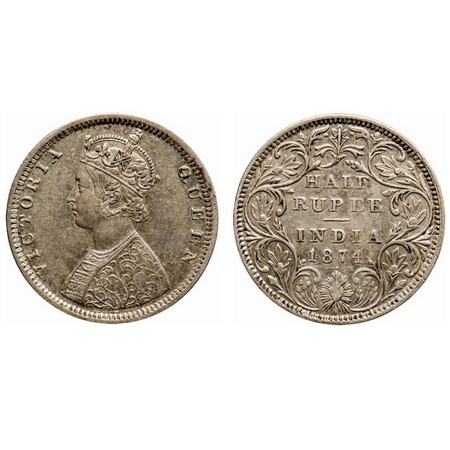 Victoria Queen, Silver, Half Rupee, 1874, Bombay Mint, B2/II, Dot, Queens jabot has 4 & 1/