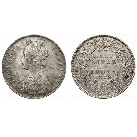 Victoria Empress, Silver, Half Rupee, 1878, Calcutta Mint, A/I, No mint mark. F. Prid # 26
