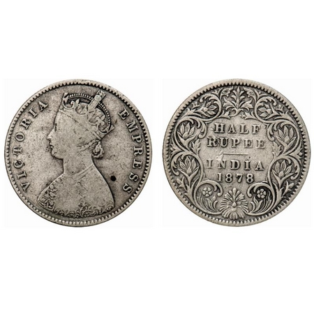 Victoria Empress, Silver, Half Rupee, 1878, Calcutta Mint, A/I, No mint mark. F. Prid # 26
