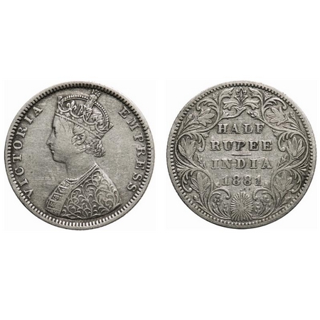 Victoria Empress, Silver, Half Rupee, 1881, Bombay Mint, B2/II, Dot, The truncation of the