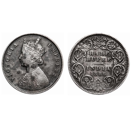 Victoria Empress, Silver, Half Rupee, 1888, Calcutta Mint, A/I, 'C' incused, Die rotation 