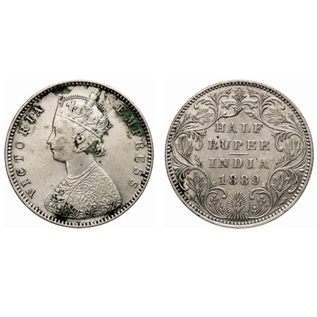 Victoria Empress, Silver, Half Rupee, 1889, Bombay Mint, A/II(i), 'B' raised. F. Prid # 29