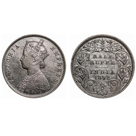 Victoria Empress, Silver, Half Rupee, 1892, Calcutta Mint, A/I, 'C' incused. F. Prid # 276