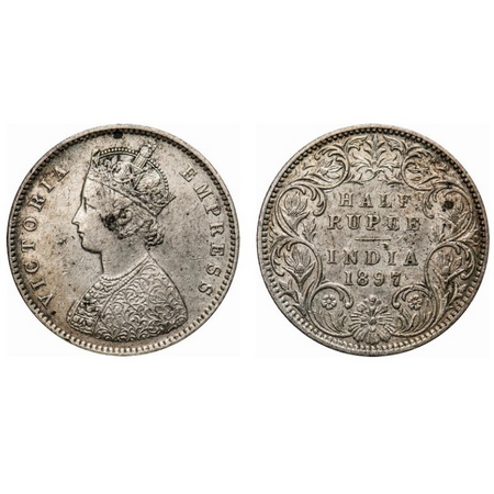 Victoria Empress, Silver, Half Rupee, 1897, Bombay mint, A/I, 'B' incused, Traces of numer