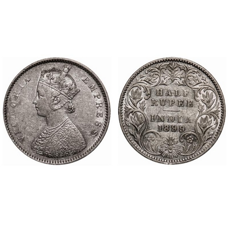 Victoria Empress, Silver, Half Rupee, 1899, Bombay Mint, A/I, 'B' incused (inverted). F. P