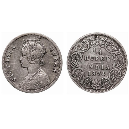 Victoria Queen, Silver, 1/4 Rupee, 1874, Calcutta Mint, A/I, No mint mark, No 'C'. F. Prid