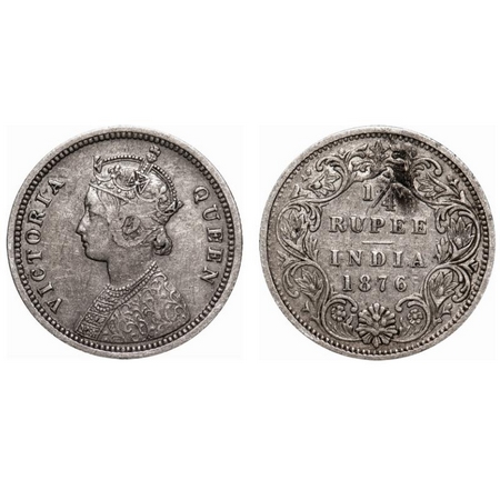 Victoria Queen, Silver, 1/4 Rupee, 1876, Bombay Mint, A/I, No dot. F. Prid # 407. GK 668. 