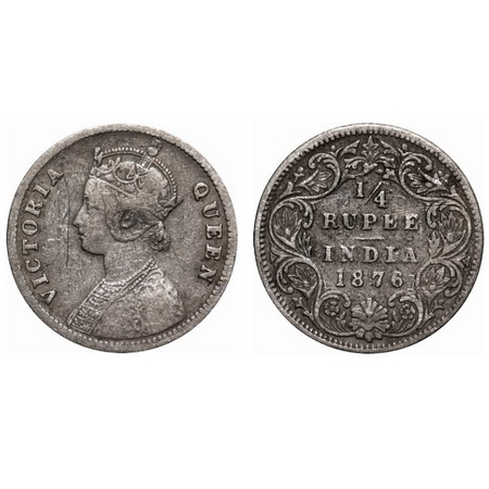 Victoria Queen, Silver, 1/4 Rupee, 1876, Calcutta Mint, A/I, No mint mark, No 'C'. F. Prid