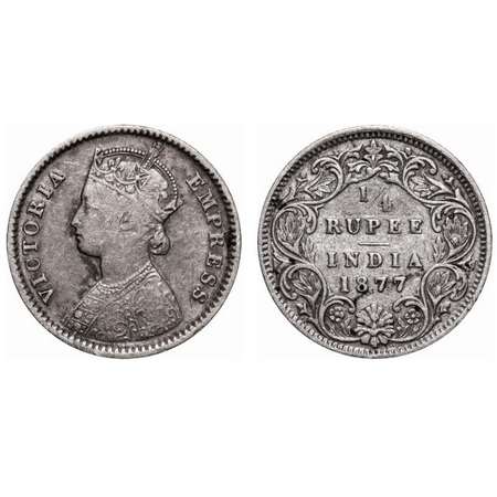 Victoria Empress, Silver, 1/4 Rupee, 1877, Calcutta Mint, B/I, No mint mark, No 'C'. F. Pr