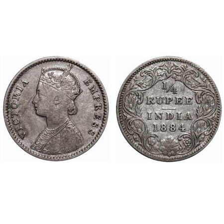 Victoria Empress, Silver, 1/4 Rupee, 1884, Bombay Mint, B/I, 'B' raised. F. Prid # 416. GK