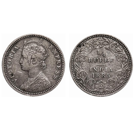 Victoria Empress, Silver, 1/4 Rupee, 1885, Calcutta Mint, C/II, 'C' incused. F. Prid # 390