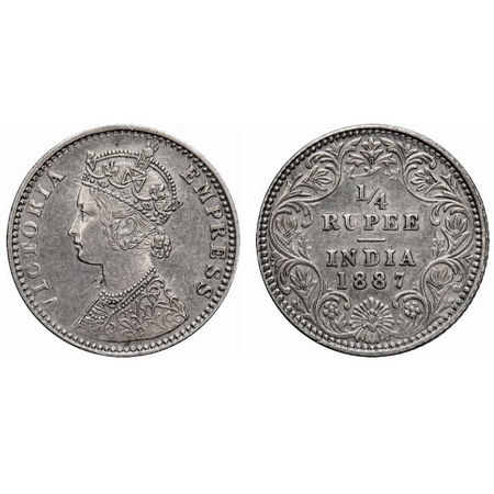 Victoria Empress, Silver, 1/4 Rupee, 1887, Bombay Mint, C(i)/II, 'B' raised. F. Prid # 420