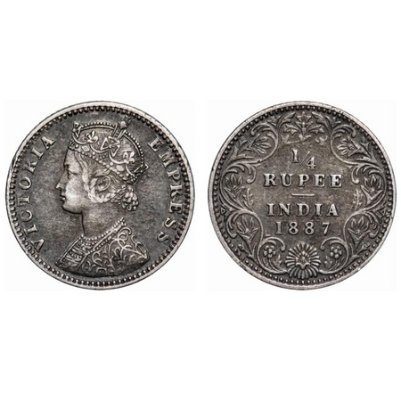 Victoria Empress, Silver, 1/4 Rupee, 1887, Calcutta Mint, C/II, ''C' incused, Die rotation