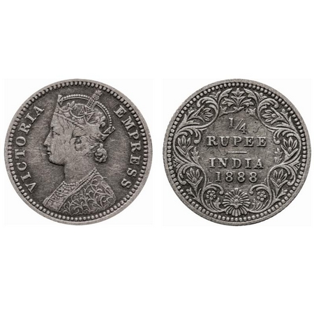 Victoria Empress, Silver, 1/4 Rupee, 1888, Calcutta Mint, C/II, No mint mark, No 'C', The