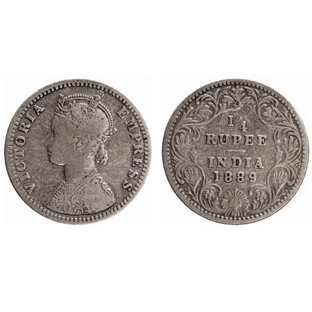 Victoria Empress, Silver, 1/4 Rupee, 1889, Bombay Mint, C(i)/II, 'B' incused. F. Prid # 42