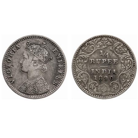 Victoria Empress, Silver, 1/4 Rupee, 1890, Bombay Mint, C(i)/II, 'B' incused. F. Prid # 42