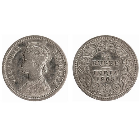 Victoria Empress, Silver, 1/4 Rupee, 1893, Calcutta Mint, C/II, 'C' incused, Ghost on Rev.