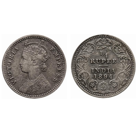 Victoria Empress, Silver, 1/4 Rupee, 1894, Calcutta Mint, C/II, 'C' incused. F. Prid # 399