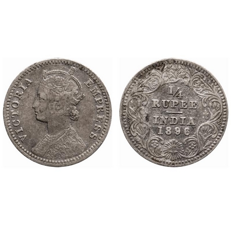 Victoria Empress, Silver, 1/4 Rupee, 1896, Calcutta Mint, C/II, 'C' incused. F. Prid # 400