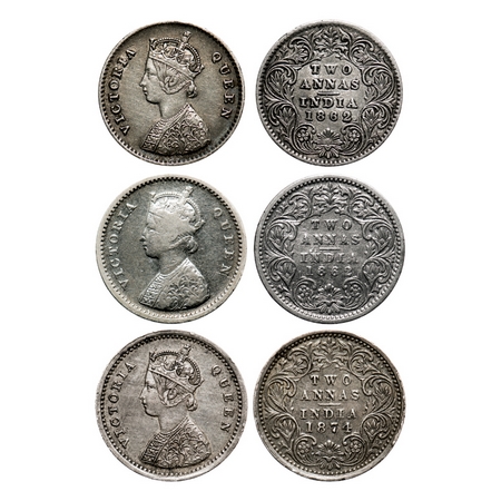 Victoria Queen, Silver, 2 Annas (3 coins), 1862, Bottom flower, Center top petal broader t
