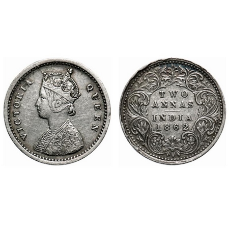 Victoria Queen, Silver, 2 Annas, 1874, Bombay Mint, A/I, No mint mark, No dot, Die crack o