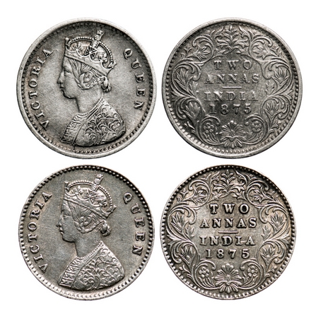 Victoria Queen, Silver, 2 Annas (2 coins), 1875, 1) Bombay Mint, No mint mark, No dot, 2) 