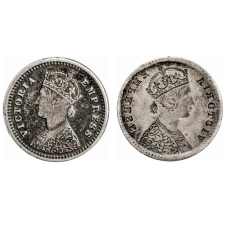 Victoria Empress, Silver, 2 Annas, (1.41 g) (16.35 mm), Error, Obv Lakhi/Brockage. Very Fi