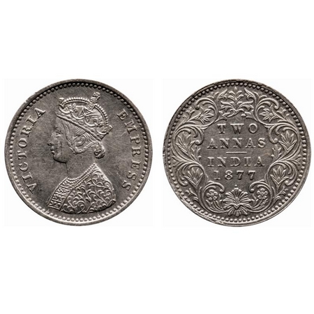 Victoria Empress, Silver, 2 Annas, 1877, Bombay Mint, A/I, Dot, Die rotation on Rev. F. Pr