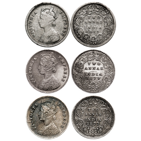 Victoria Empress, Silver, 2 Annas (3 coins), 1877, 1) Bombay Mint, A/I, Dot, 2) Calcutta M